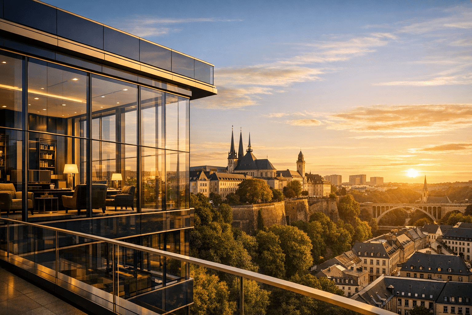WealthFund Luxembourg luxury family office building exterior at golden hour