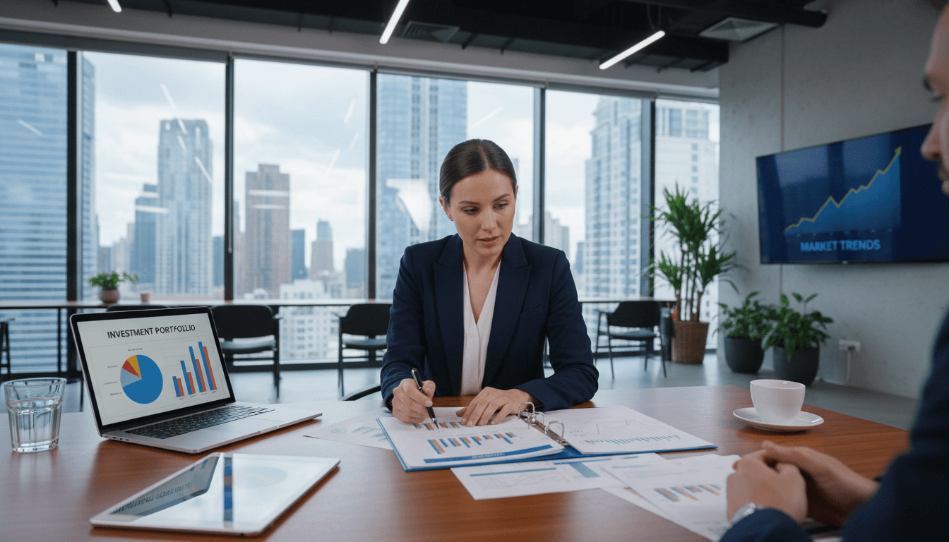 Professional reviewing financial documents and compliance materials at desk