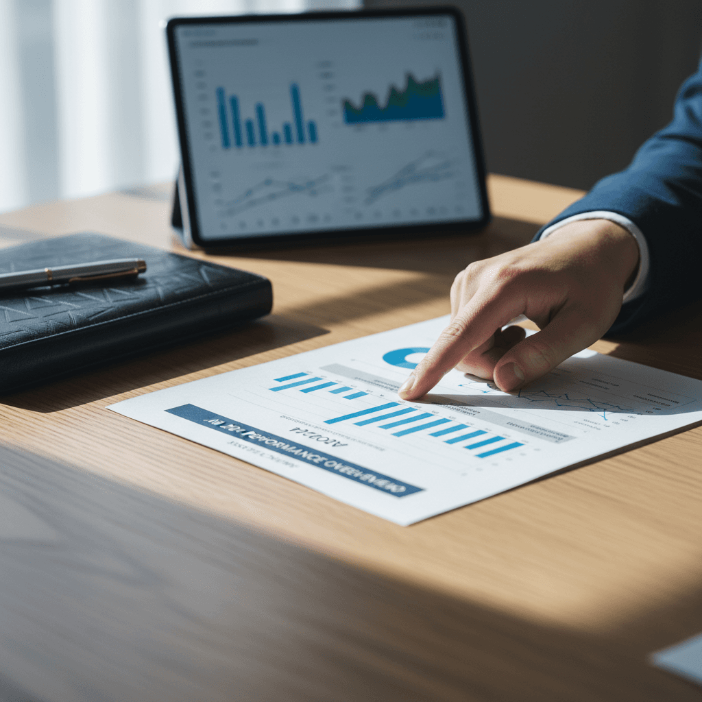 Financial advisor's hands reviewing investment portfolio documents on desk with tablet showing financial charts