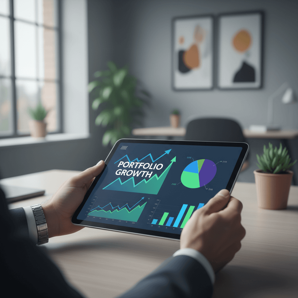 Investor hands holding tablet displaying colorful portfolio dashboard with rising market charts and allocation data